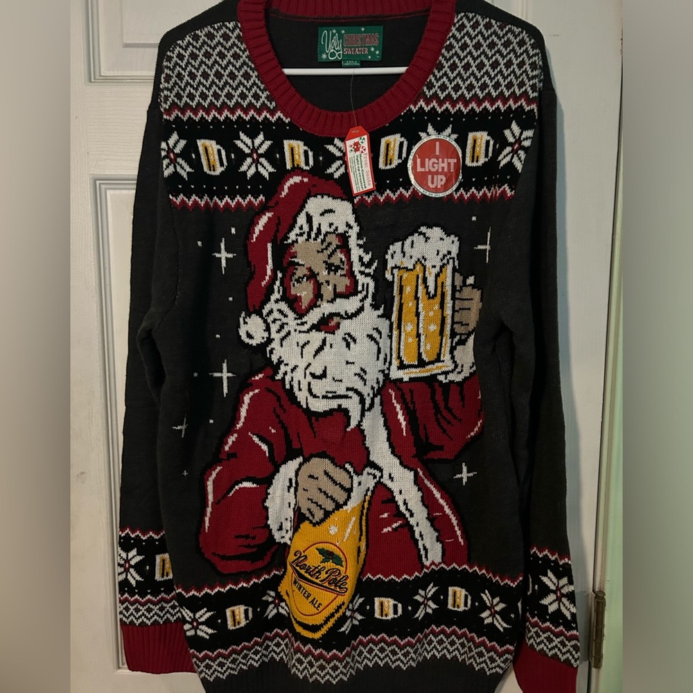 Ugly Christmas Sweater unisex motion sensor lights Santa w/ beer Sz XL